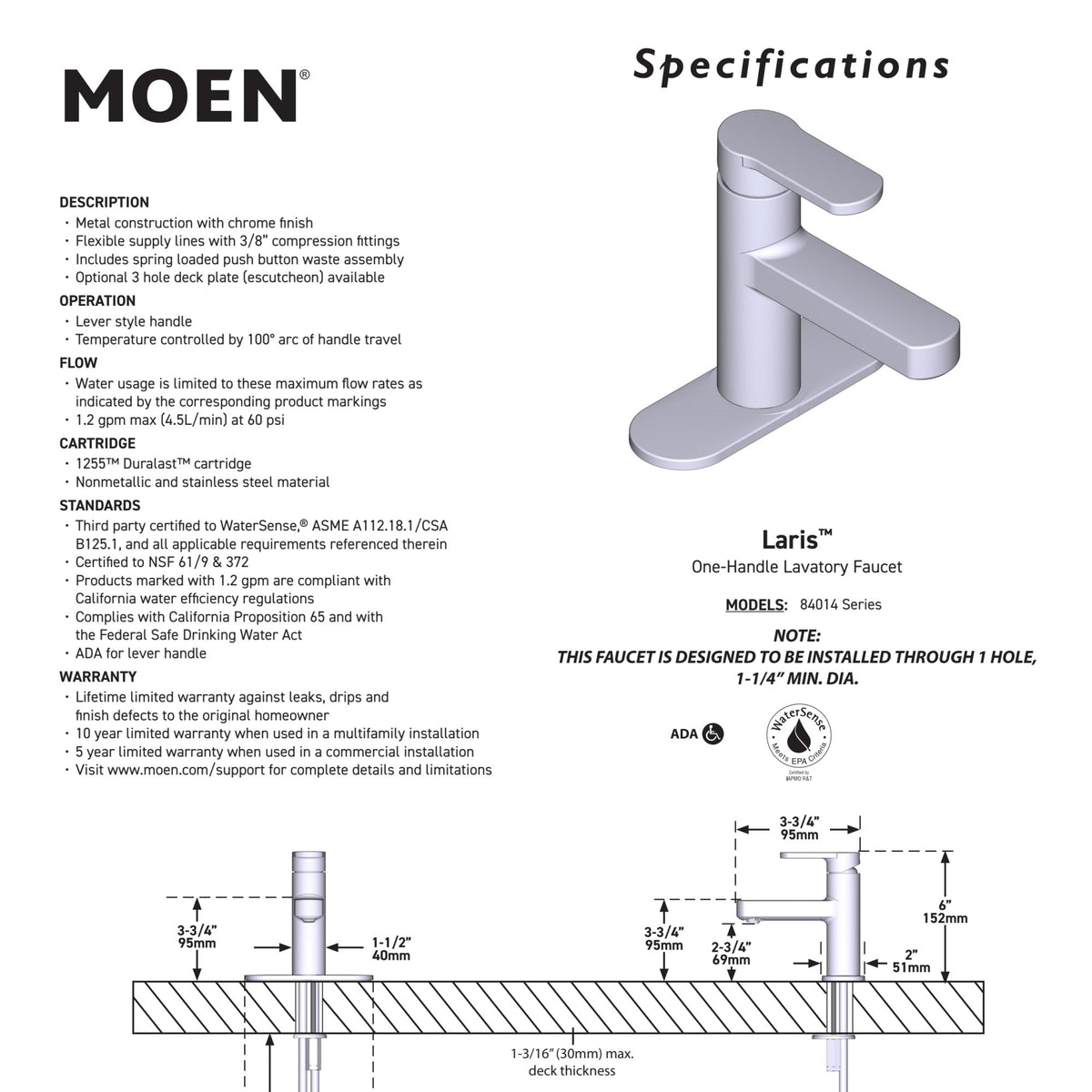 Moen Laris chrome faucet with deckplate and spring loaded drain assembly
