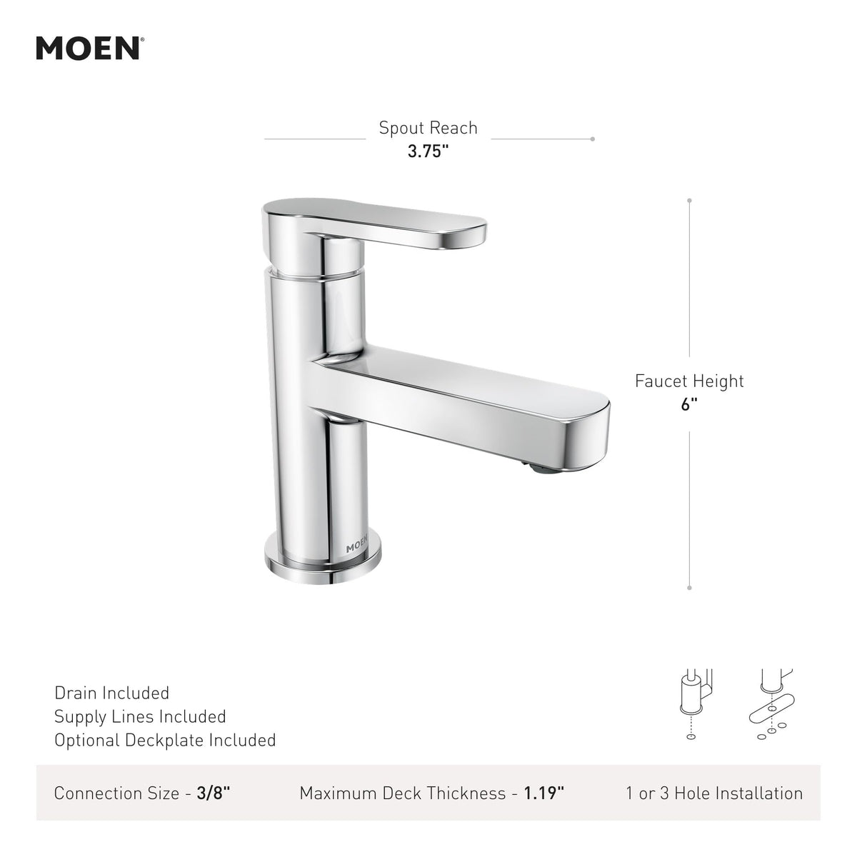 Moen Laris chrome faucet side profile highlights minimalist bathroom design