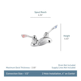 Moen M-Bition chrome hot and cold indicators on levers for quick temperature adjustments.