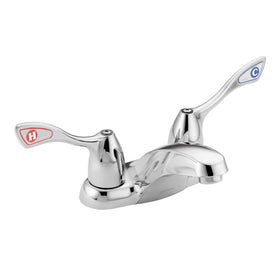 Moen M-Bition chrome two-handle centerset faucet for 4-inch sinks, enabling precise temperature control.