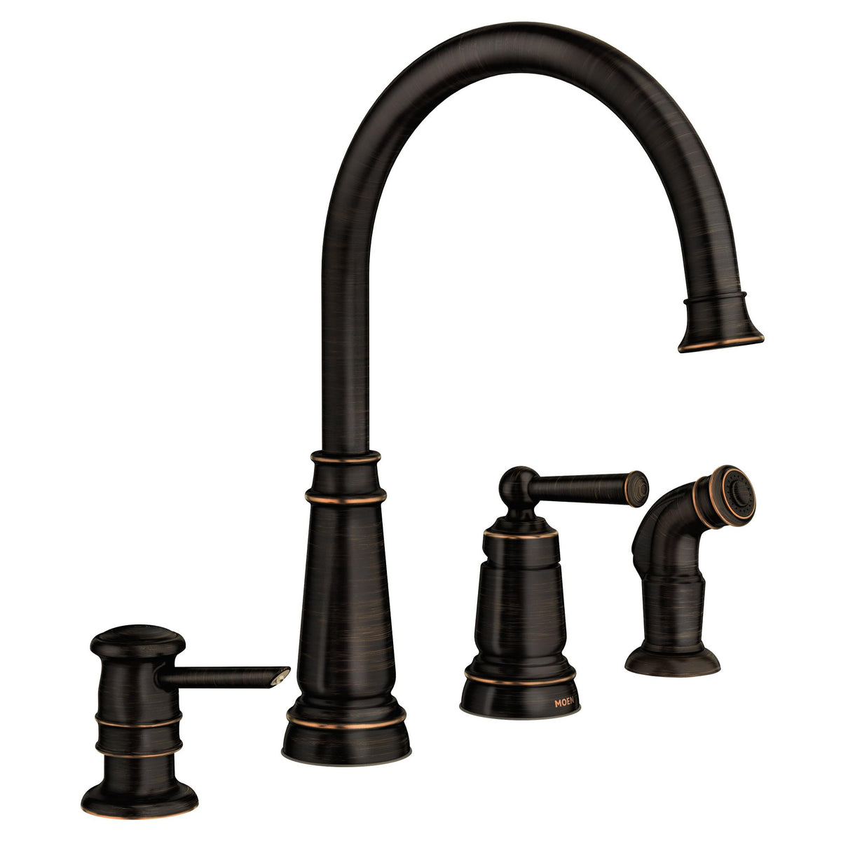 Moen Mediterranean Bronze high-arc faucet with generous reach for spacious sinks.