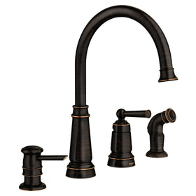 Moen Mediterranean Bronze high-arc faucet with generous reach for spacious sinks.