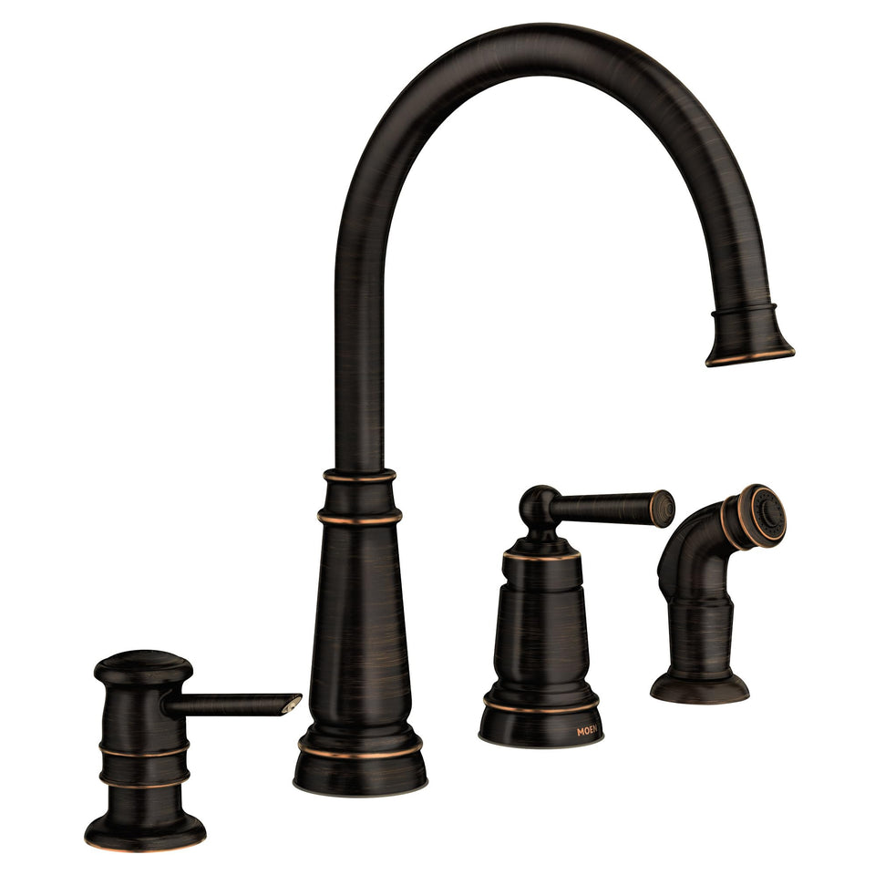Moen Mediterranean Bronze high-arc faucet with generous reach for spacious sinks.