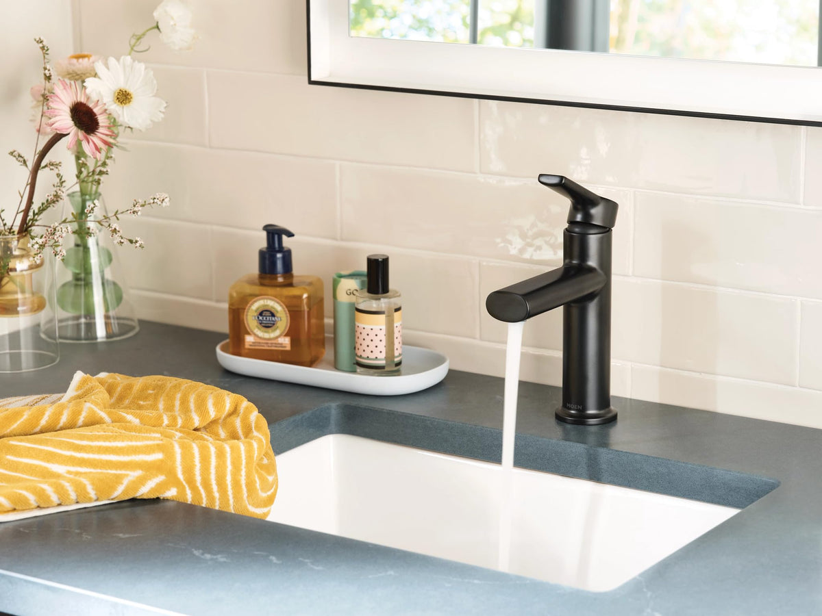 Moen Meena faucet in a modern bath shows minimal single-hole look