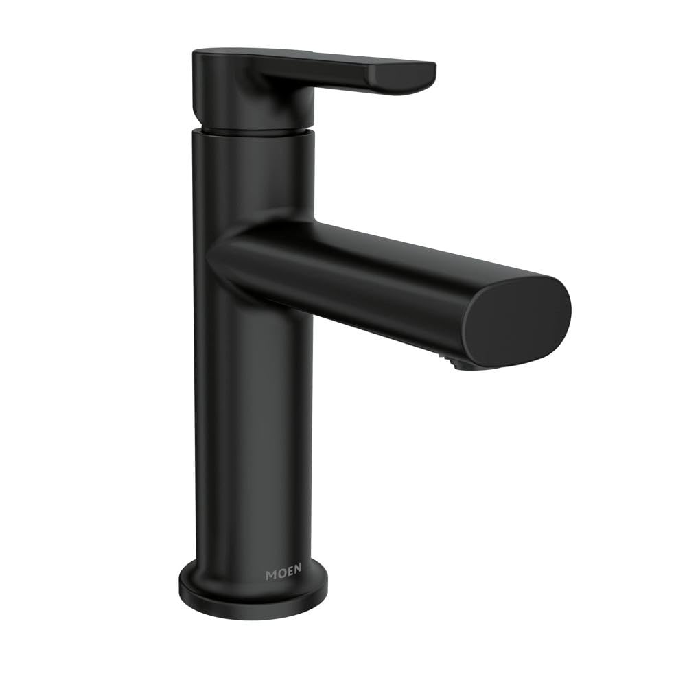 Moen Meena matte black faucet viewed from front, elevating bathroom aesthetics