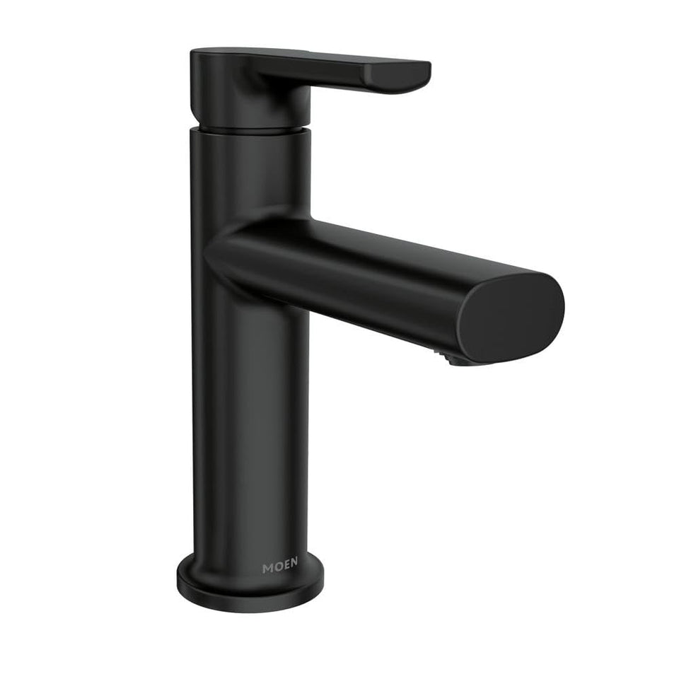 Moen Meena matte black faucet viewed from front, elevating bathroom aesthetics
