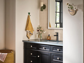 Moen Meena handle close-up shows smooth single-handle control for precise temperature
