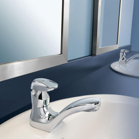 Moen metering aerator closeup showing 0.5 GPM water control