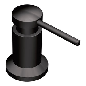 Moen dispenser front view in matte black with sleek, organized sink space.