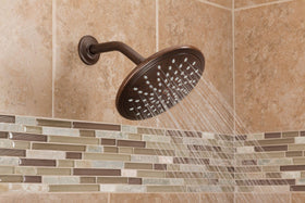Moen oil-rubbed-bronze finish detail on the showerhead face.