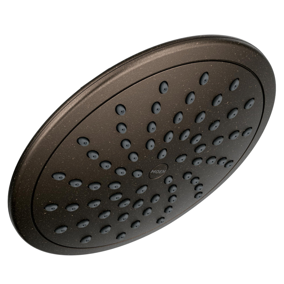 Moen oil-rubbed-bronze rainshower 8-inch front view for spa-like showers.