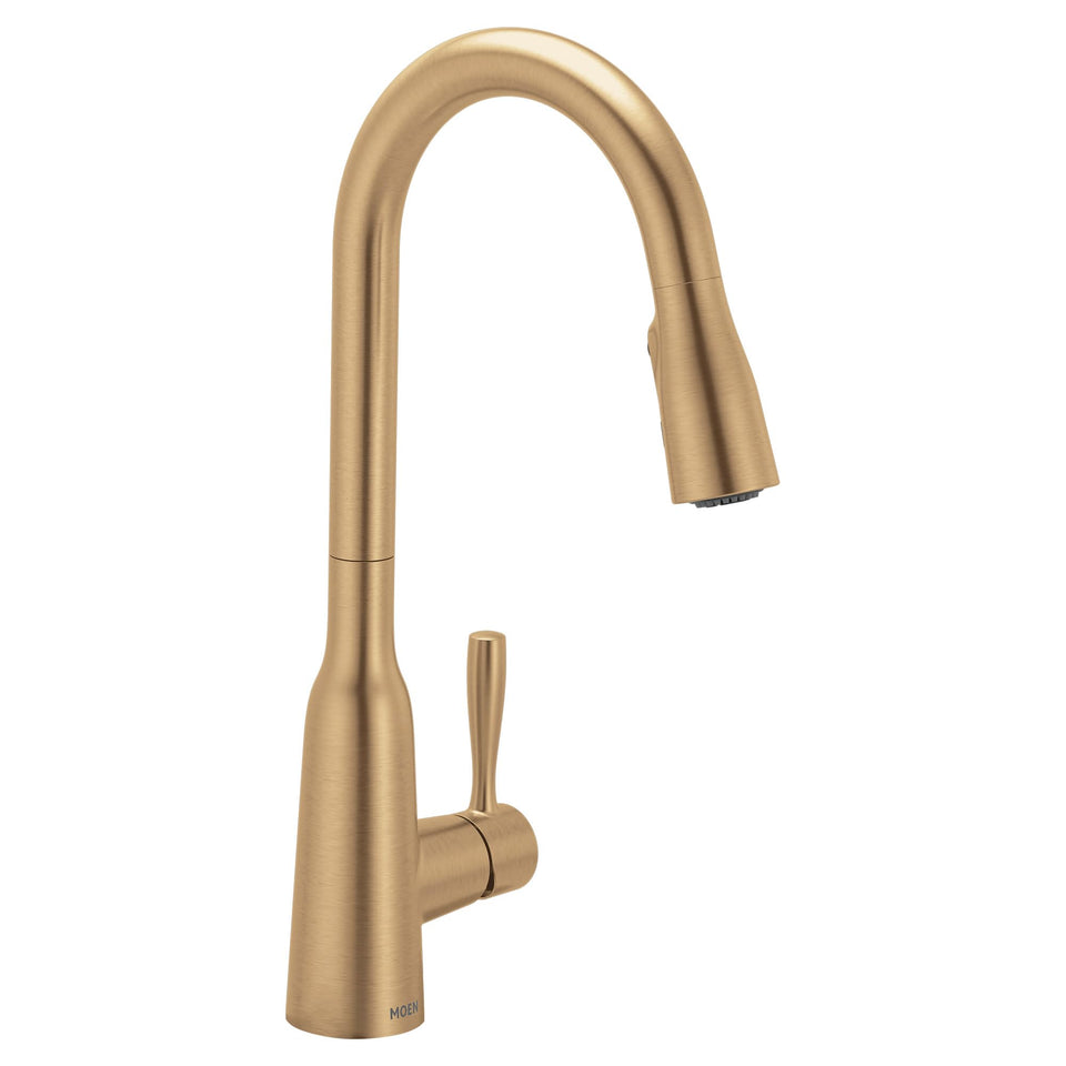 Moen Orivesi bronzed gold pull-down wand for simple one-handed task handling.