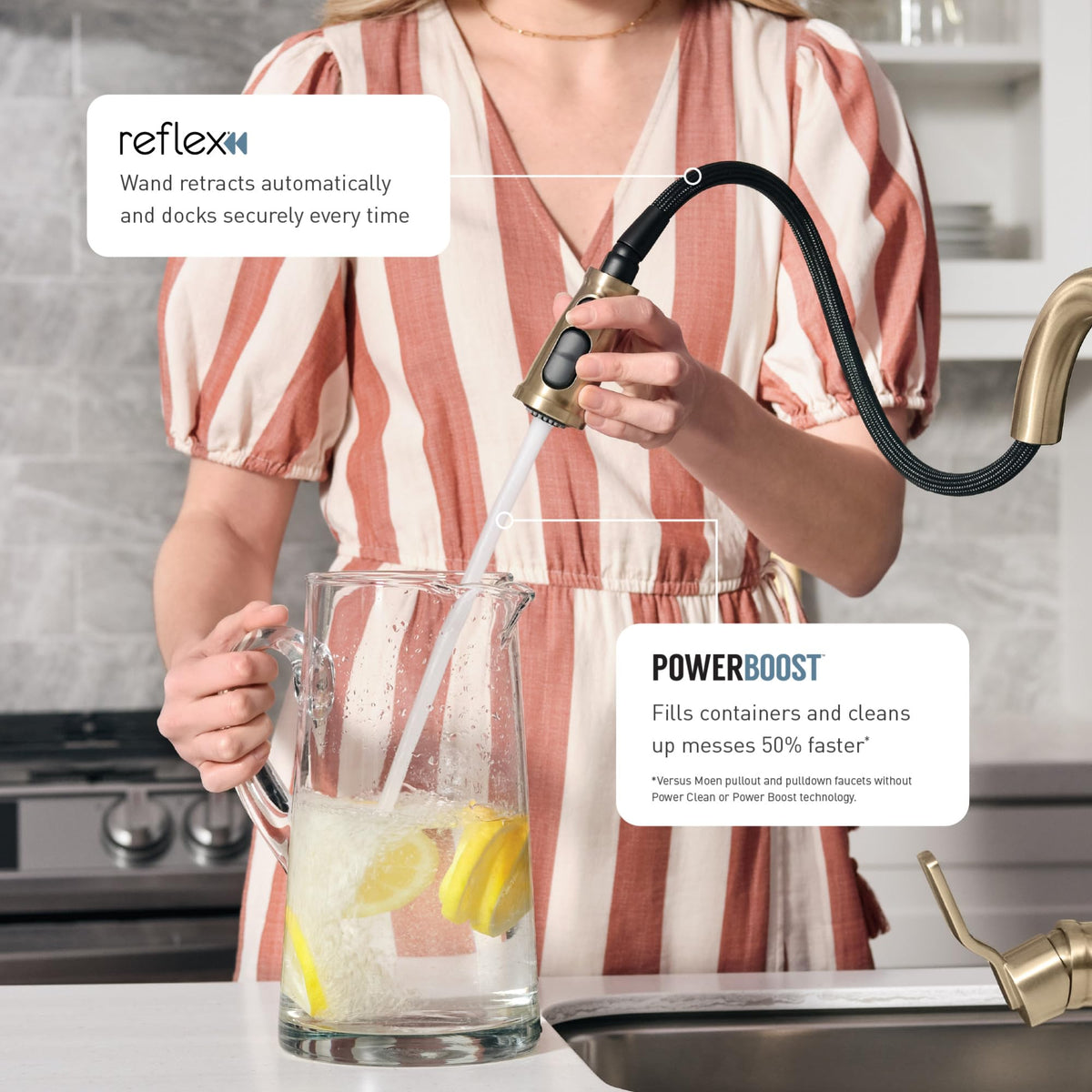 Moen Orivesi Power Boost button speeds up filling and cleaning.