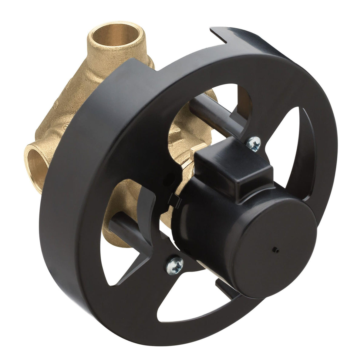 Moen PosiTemp rough-in valve back view, four-port layout for versatile plumbing options.