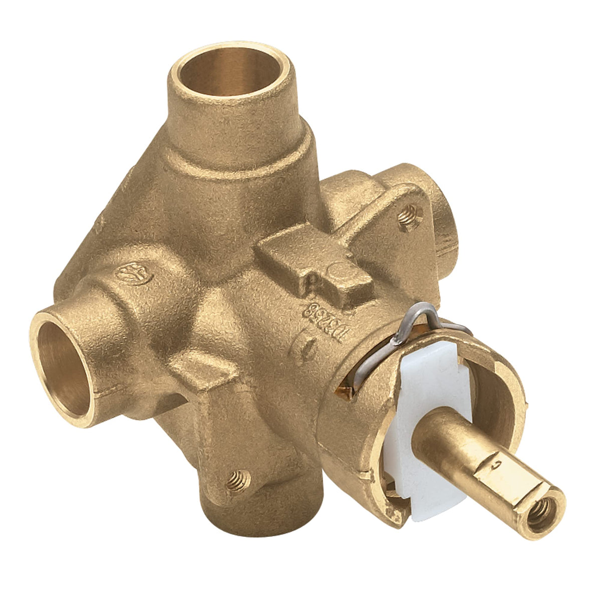 Moen PosiTemp rough-in valve front view, compact design for quick bathroom remodeling.