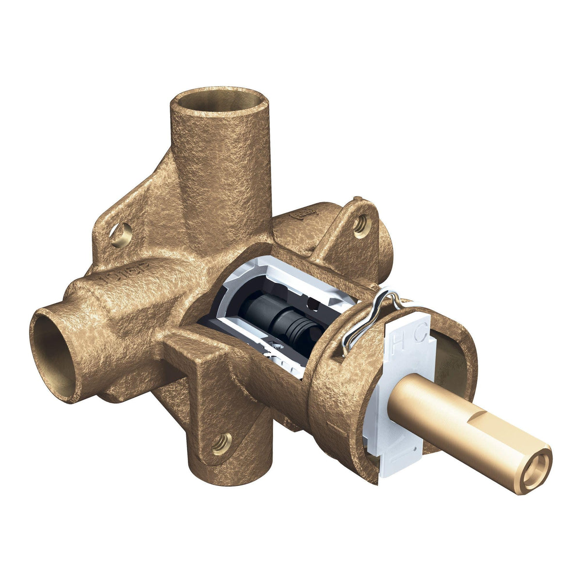 Moen PosiTemp rough-in valve one-half-inch CC connection close-up, ensures compatible piping.