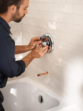 Moen PosiTemp rough-in valve packaging shows authenticity and reliable warranty.
