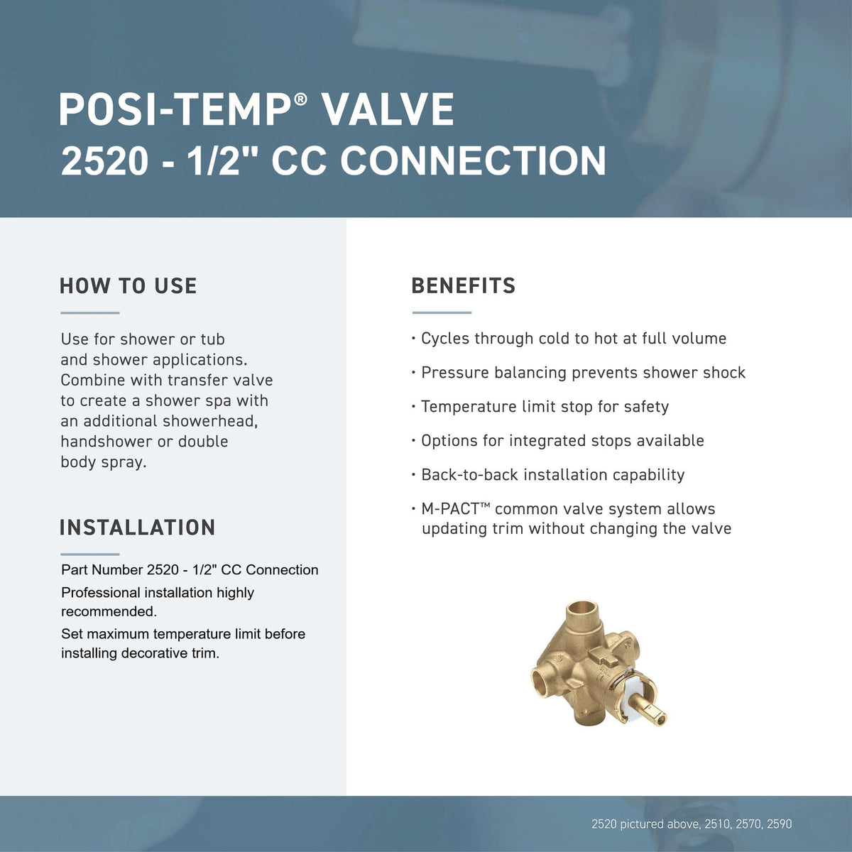 Moen PosiTemp rough-in valve side view, accessible behind-wall installation for easier servicing.