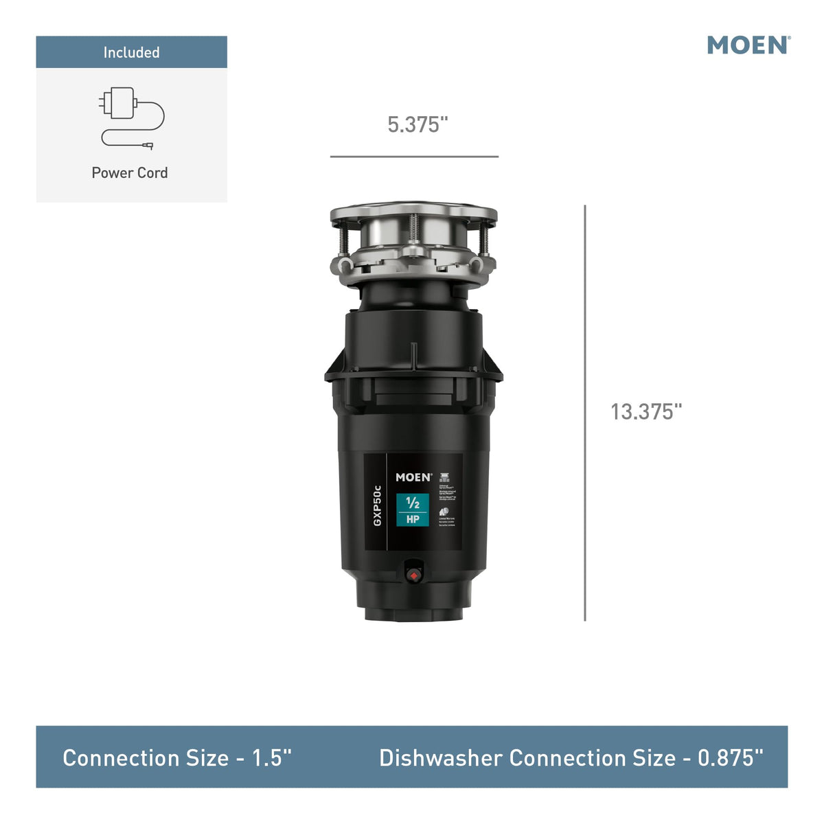 Moen Prep Series PRO 2600 RPM motor label indicates strong grinding performance.