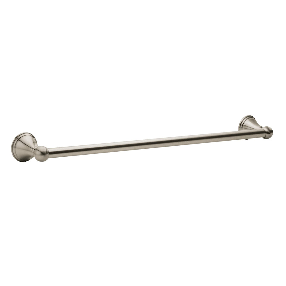 Moen Preston brushed nickel 18-inch towel bar front view shows sturdy design for towels