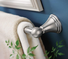 Brushed nickel finish Moen Preston towel bar resists corrosion