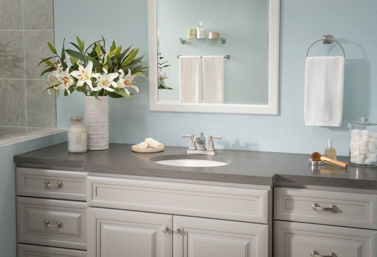 Close-up shows the brushed nickel finish with warm, durable tone.