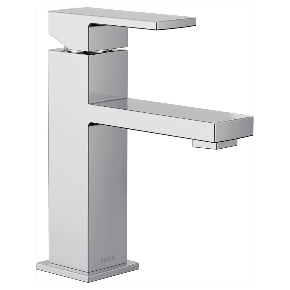 Moen Revyl chrome faucet angle view highlights modern style and durable finish.