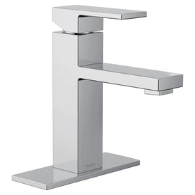 Moen Revyl chrome faucet featuring spring-loaded drain for easy use.