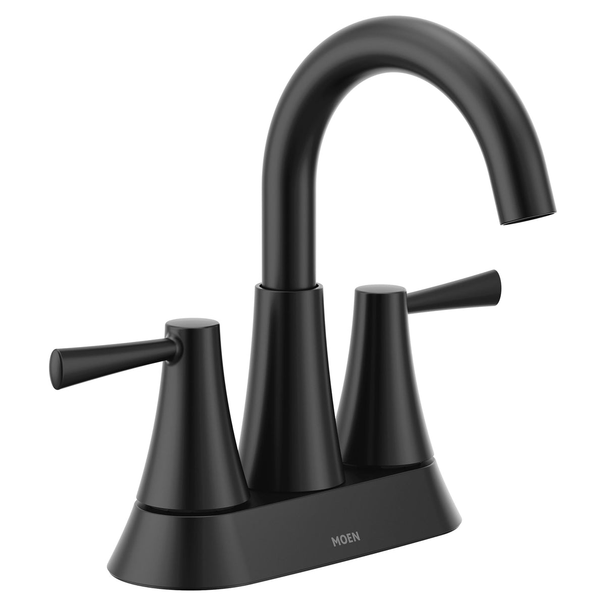 Moen Ronan matte black faucet front view, modern design with easy maintenance
