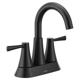 Moen Ronan matte black faucet front view, modern design with easy maintenance