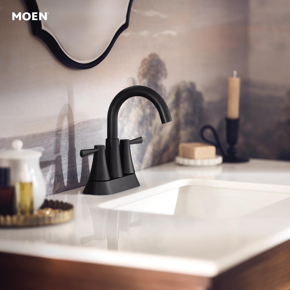 Moen Ronan faucet installed in a stylish bathroom sink