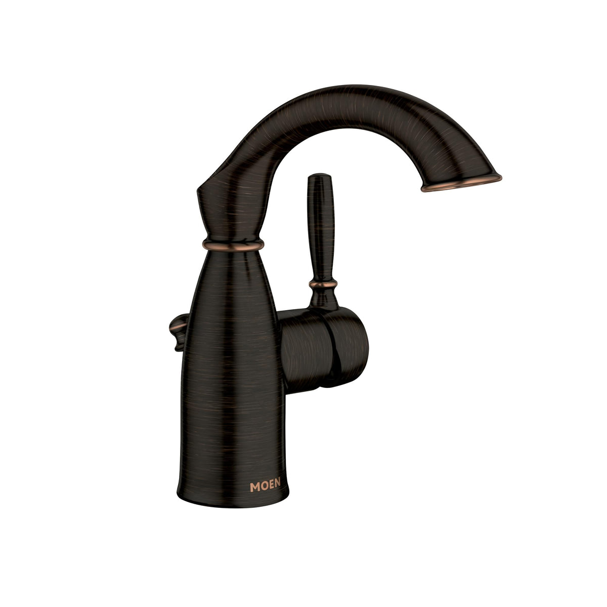 Moen Sarona Mediterranean Bronze faucet full view enhances rustic bathroom charm.
