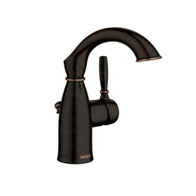 Moen Sarona Mediterranean Bronze faucet full view enhances rustic bathroom charm.