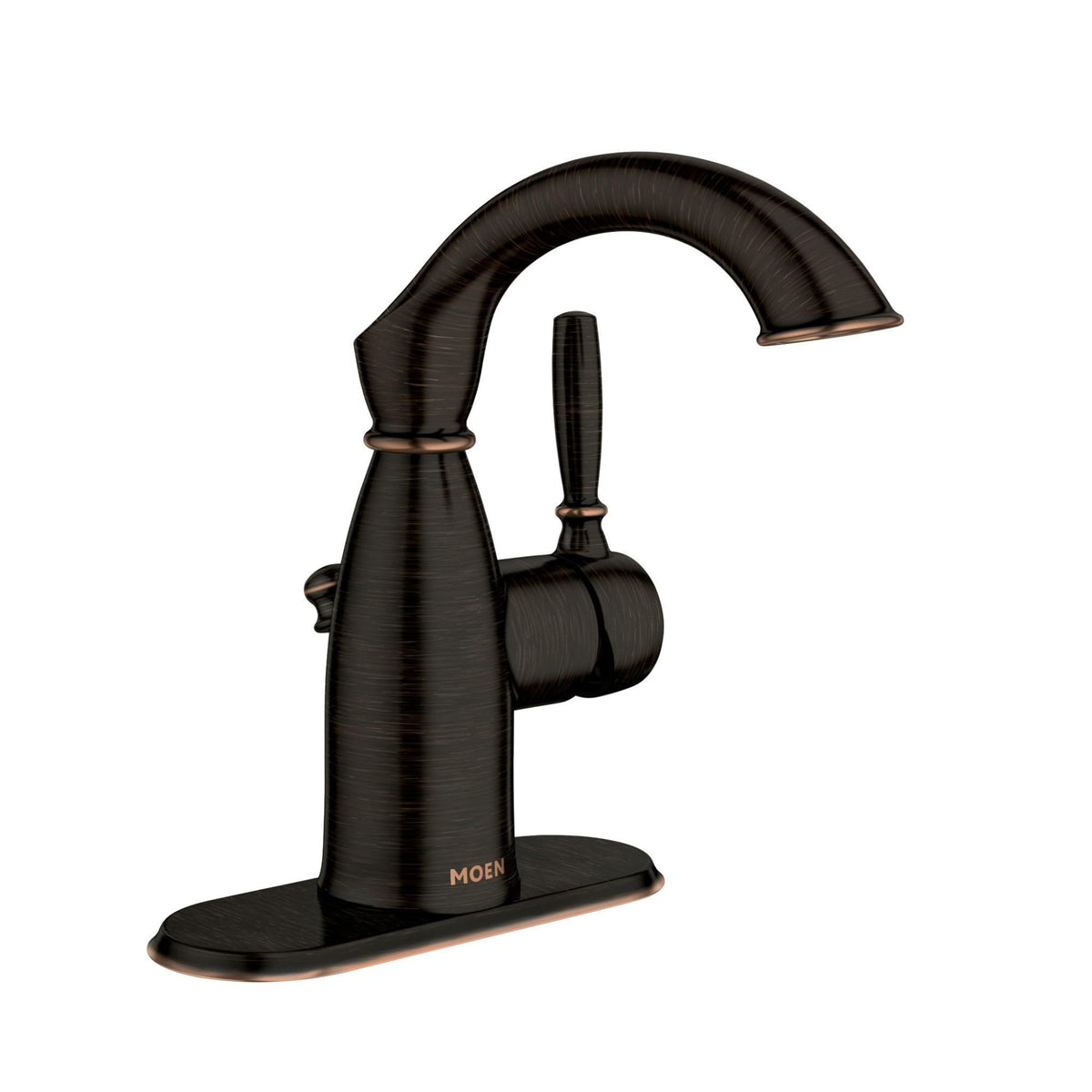 Moen Sarona Mediterranean Bronze faucet spout detail shows old-world elegance.