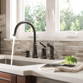 Moen side spray in use for targeted sink cleaning.