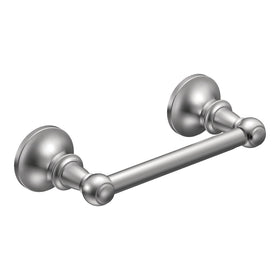 Moen Vale chrome double-post pivoting toilet paper holder for easy roll changes.