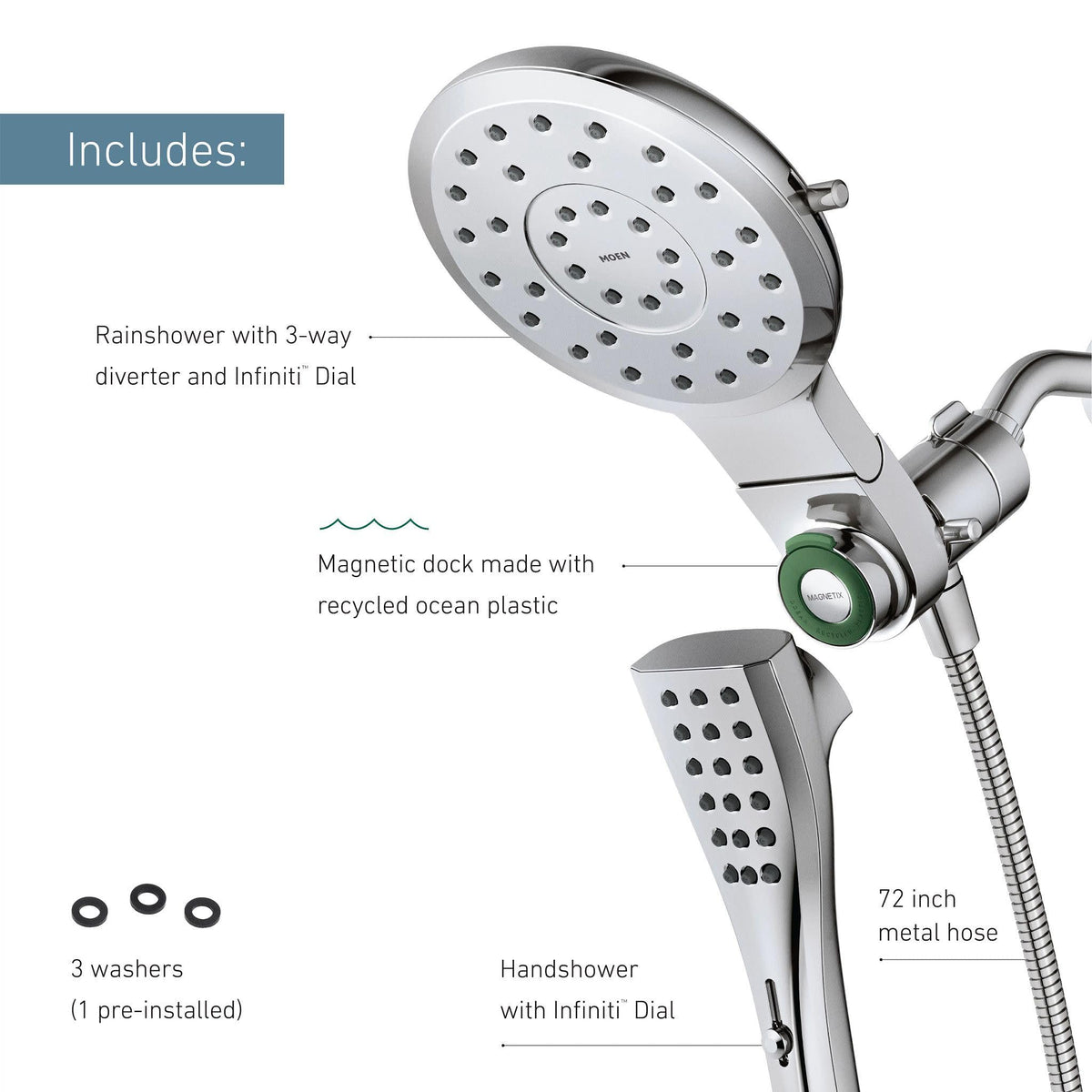 72-inch hose for flexible reach between showerhead and handheld spray