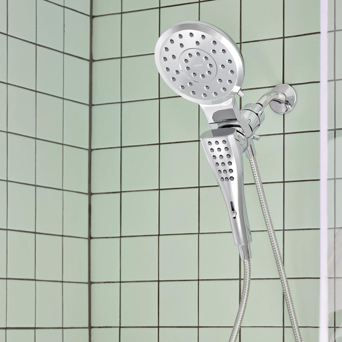 Pivoting rainhead angle on Moen Verso customizes spray coverage.