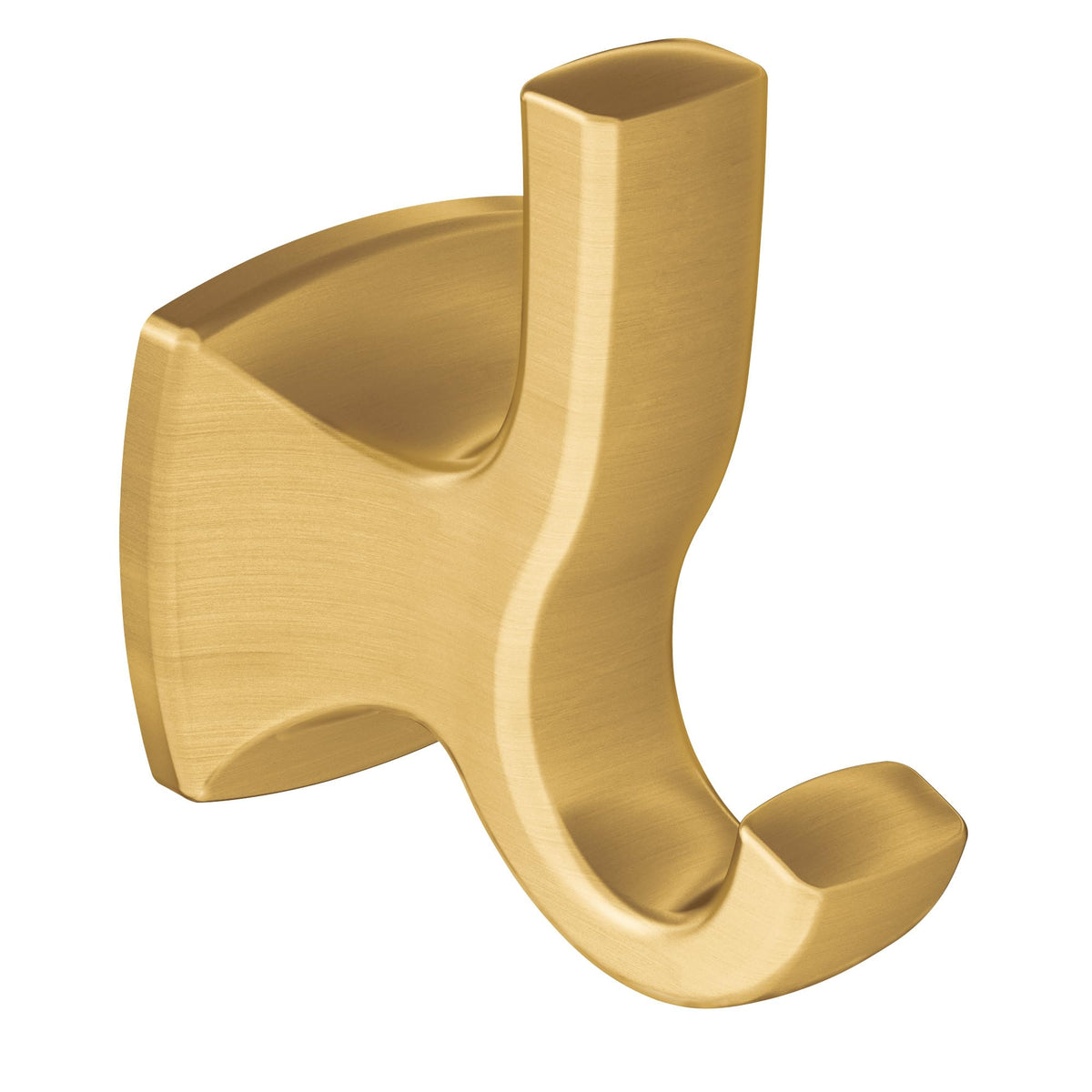 Moen Voss brushed gold double robe hook front view for sturdy towel hanging