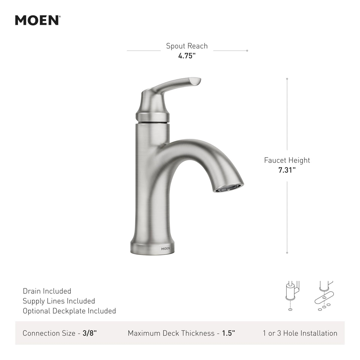 Moen Wellton side view highlighting fingerprint-resistant brushed nickel