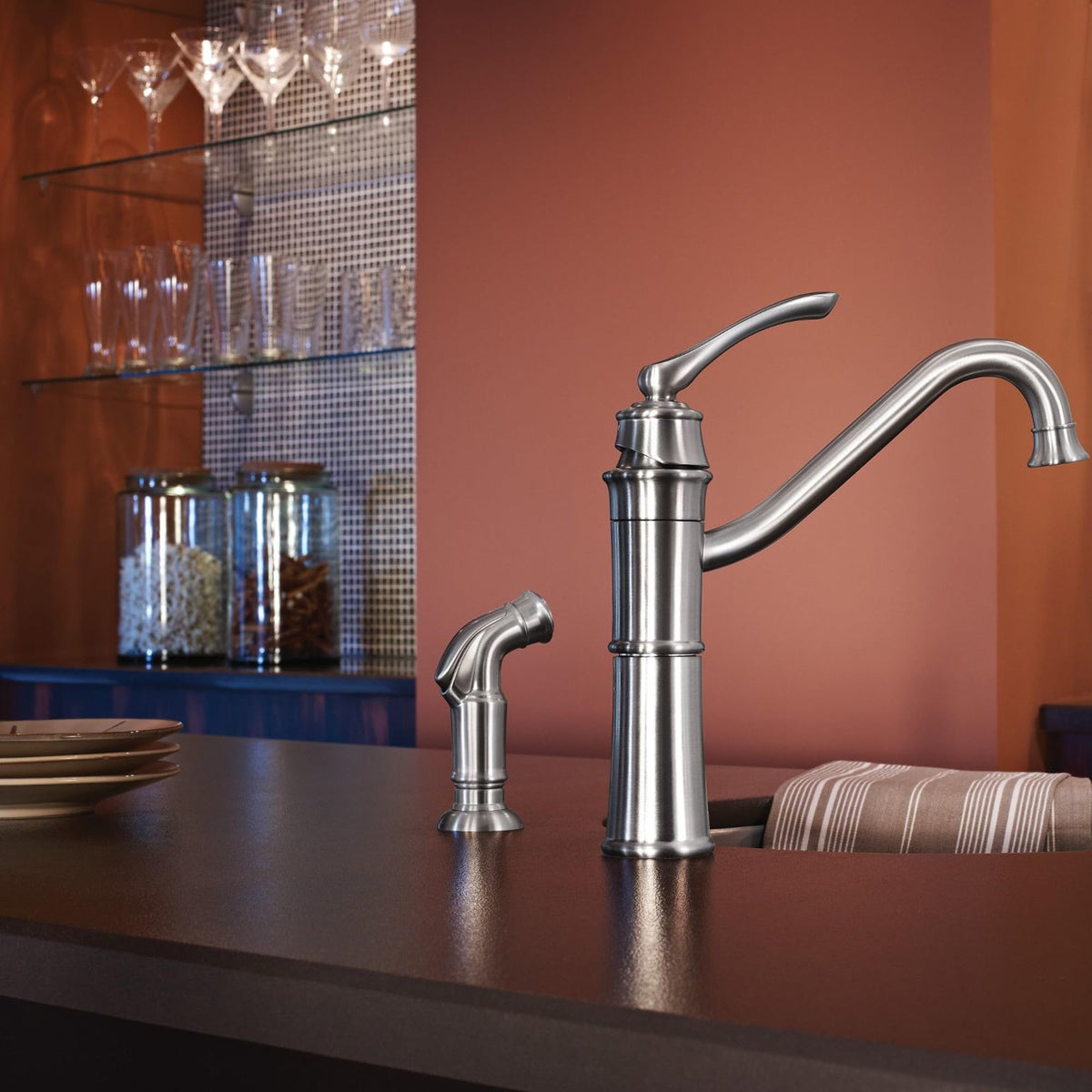 Moen Wetherly finish helps keep the faucet looking clean between uses.