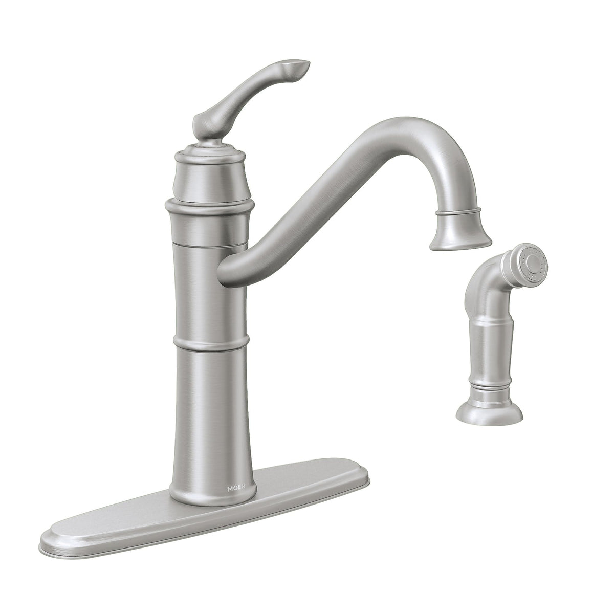 Moen Wetherly high-arc faucet with pull-down spout for versatile kitchen tasks.
