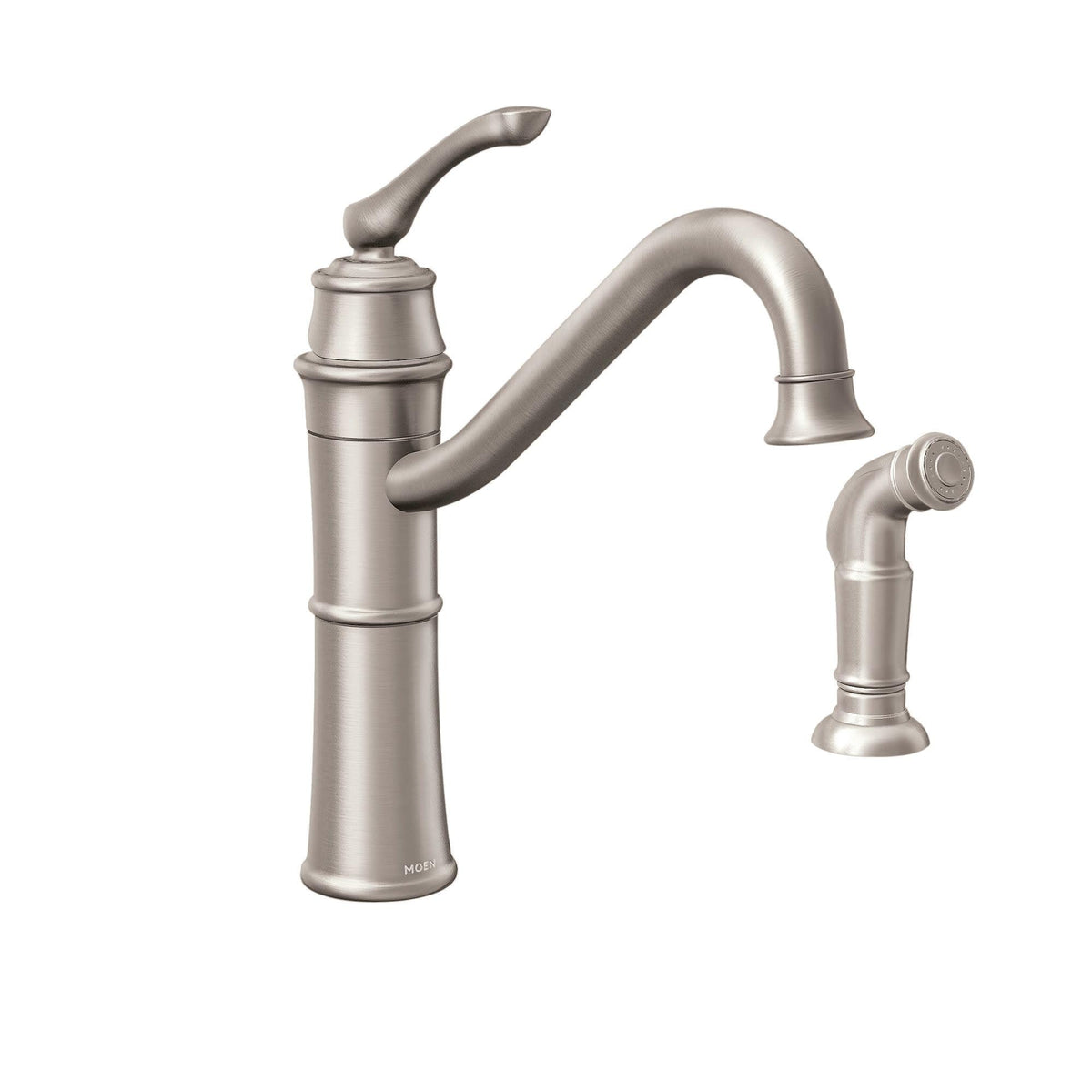 Moen Wetherly side spray enables easy sink cleaning and rinsing.