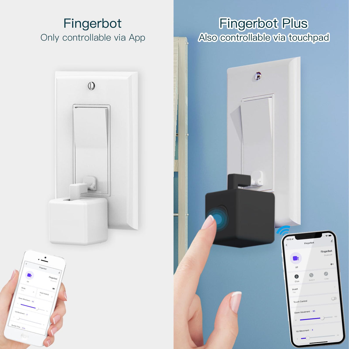 MOES Fingerbot Plus with Tuya Hub compatibility enables remote control.