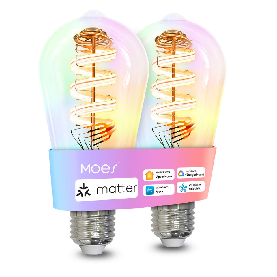 MOES Matter WiFi ST64 Edison bulb displaying vibrant color options for mood lighting.