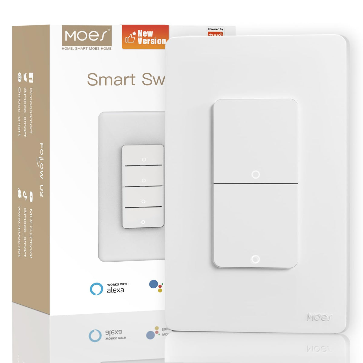 MOES 2nd-gen front view shows a sleek smart double switch with easy wall-mount access.