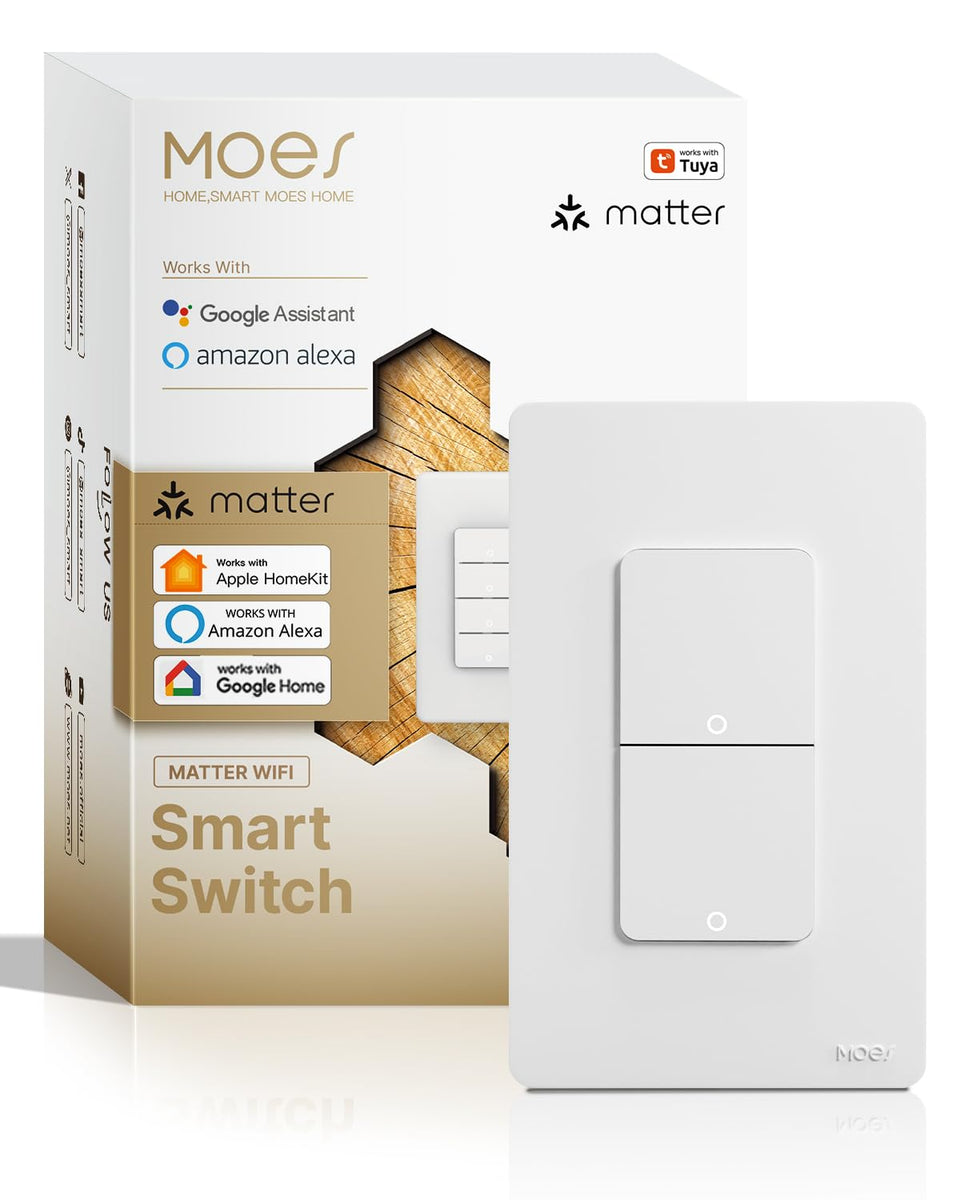 MOES smart double switch front view with two controls for two circuits; quick room lighting control.