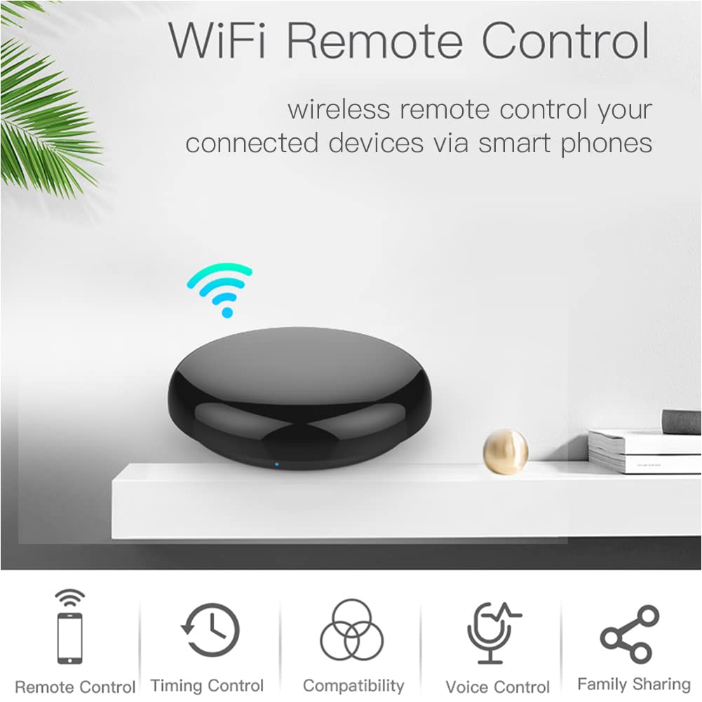 MOES Smart IR remote in-use with TV showing hands-free voice control.