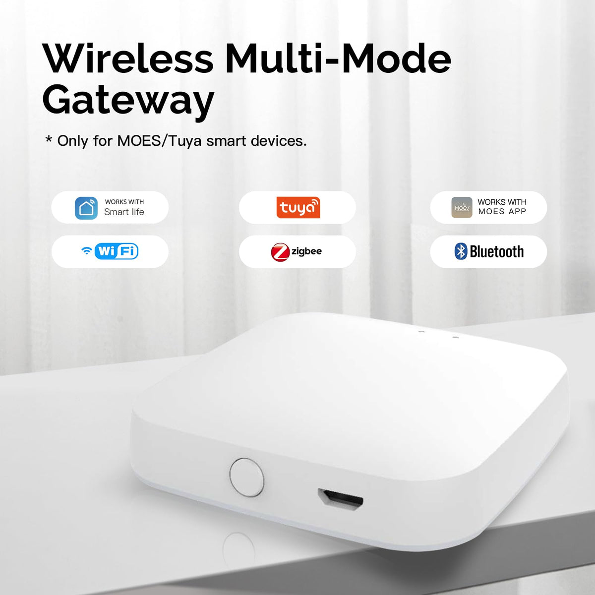 MOES ZigBee Bluetooth mesh hub connects multiple smart devices.