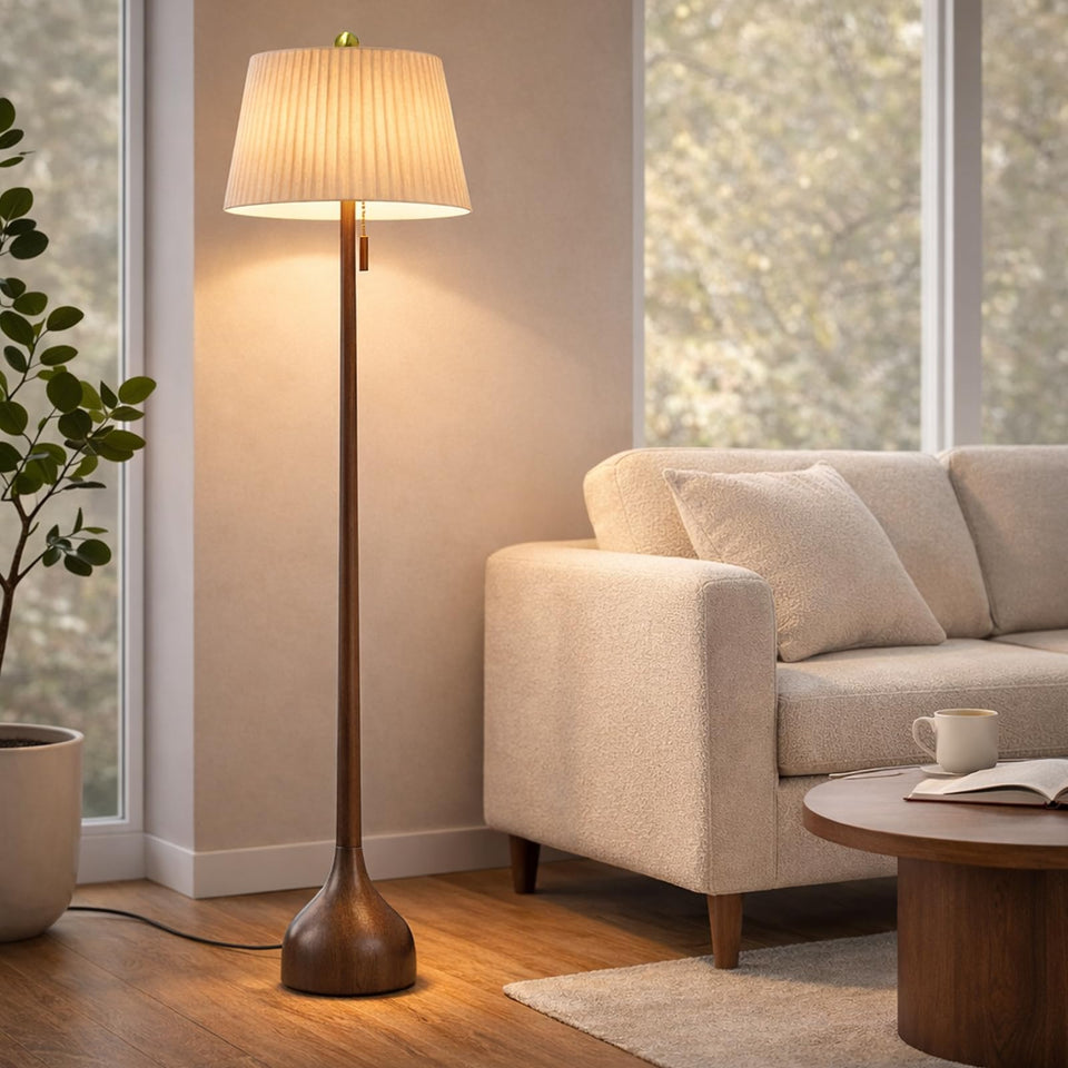 MOFFE 65-inch mid-century floor lamp with teardrop base illuminates living rooms with timeless style.
